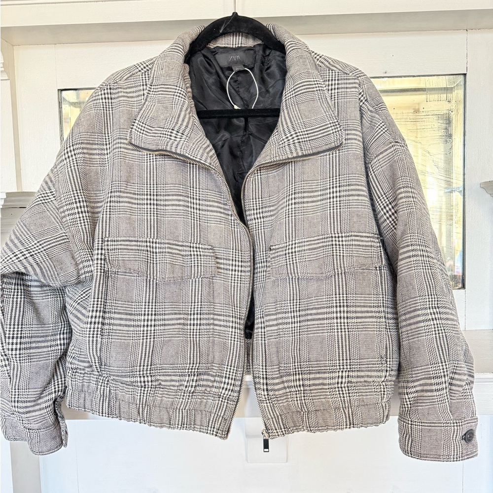 Zara Gray Plaid Bomber Jacket